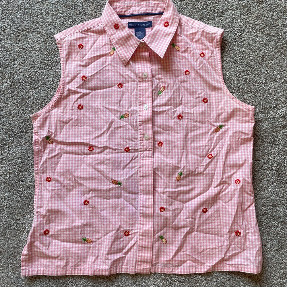 Women’s Pink Sleeveless Gingham Shirt with Embroidery- Size Small